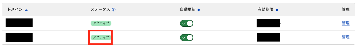 移管が完了すると、ステータスがアクティブになる